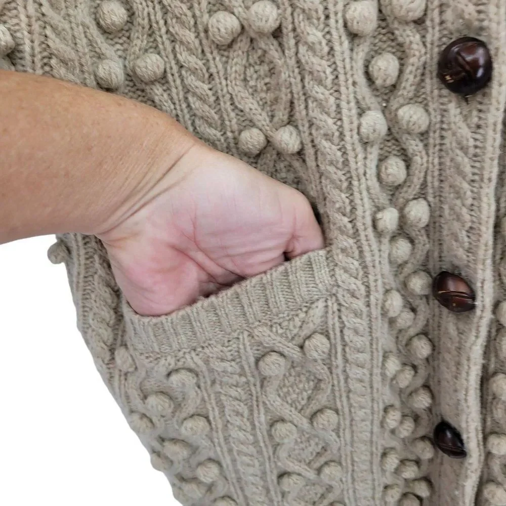 Vintage 70's Faconnable cardigan sweater wool‎ long 3D knobby granny core tan S